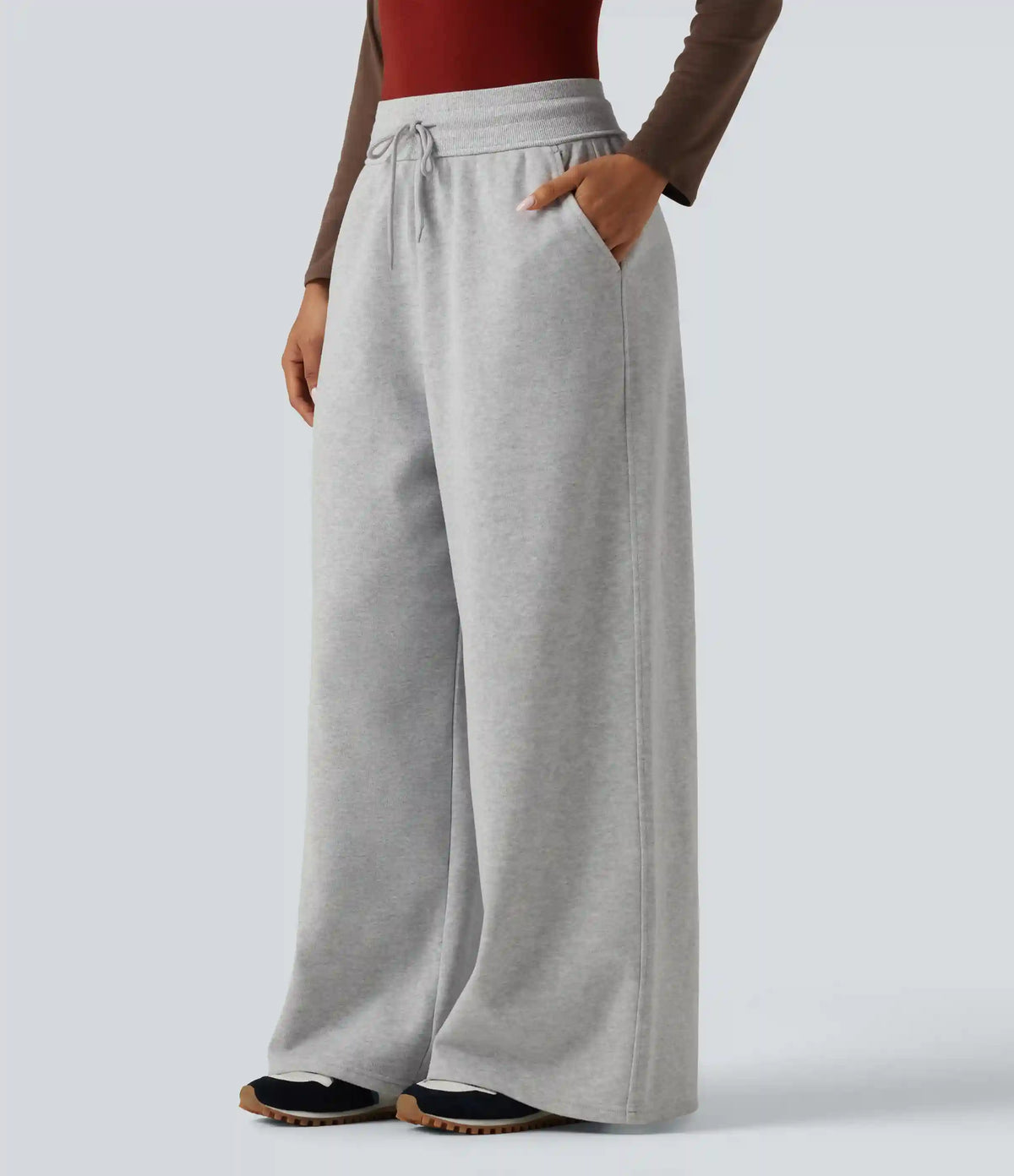 High Waisted Drawstring Wide Leg Fleece Cotton Casual Sweatpants with Pockets