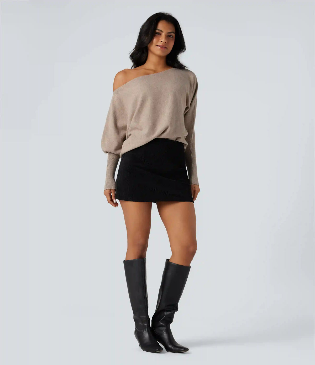 One-shoulder Batwing Sleeve Curved Hem Work Sweater