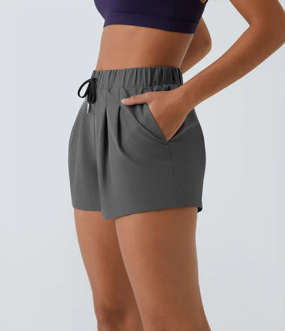 High Waisted Elastic Waistband Drawstring Pleated Yoga Shorts 3" with Pockets