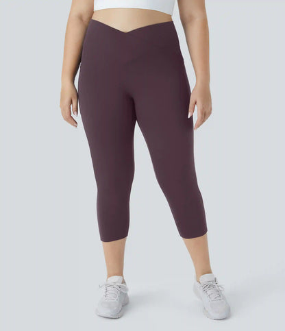 SoftlyZero™ High Waisted Crossover Pocket Capri Yoga Plus Size Leggings
