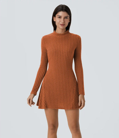 Ribbed Knit Stand Collar Long Sleeve Mini Casual Dress
