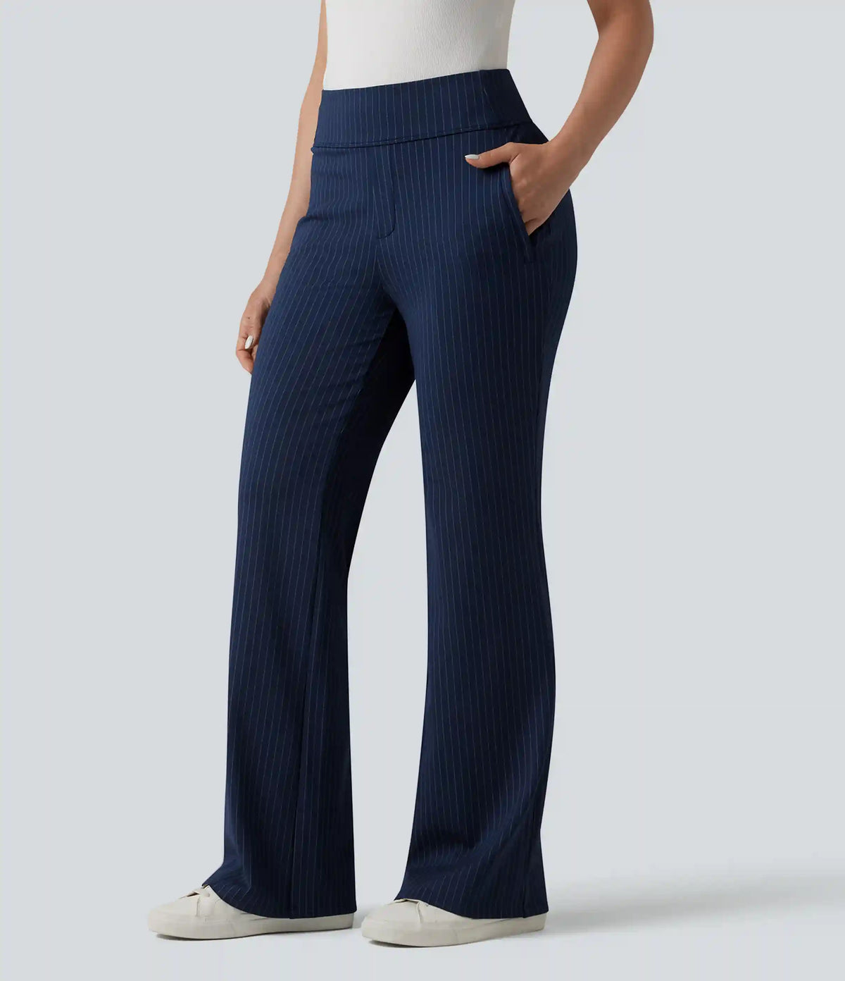 Mid Rise Stripe Work Flare Pants with Pockets