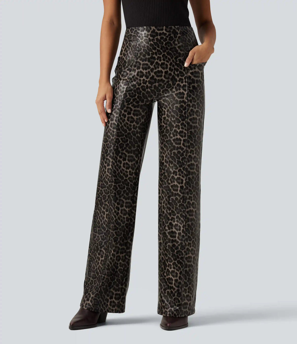 High Waisted Stretchy PU Leopard Print Leather Flare Casual Pants with Pockets