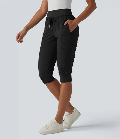 High Waisted Drawstring Tapered Travel Pedal Pushers Joggers with Zip Pockets