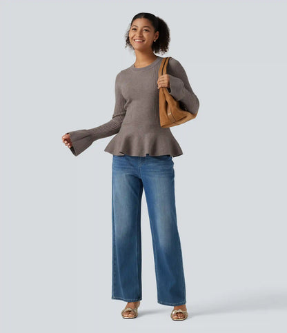 Round Neck Long Sleeve Ruffle Hem Slim Work Sweater
