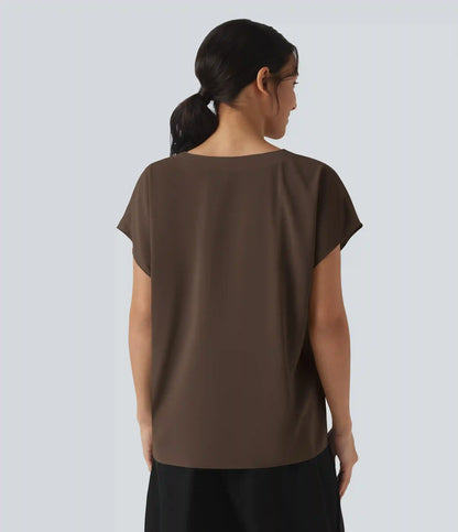 Wrinkle Recovery V-neck Short Sleeve Oversized Work Blouse
