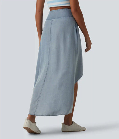 High Waisted Invisible Zipper Asymmetric Hem Midi Draped Lyocell Denim Casual Flowy Skirt with Pockets