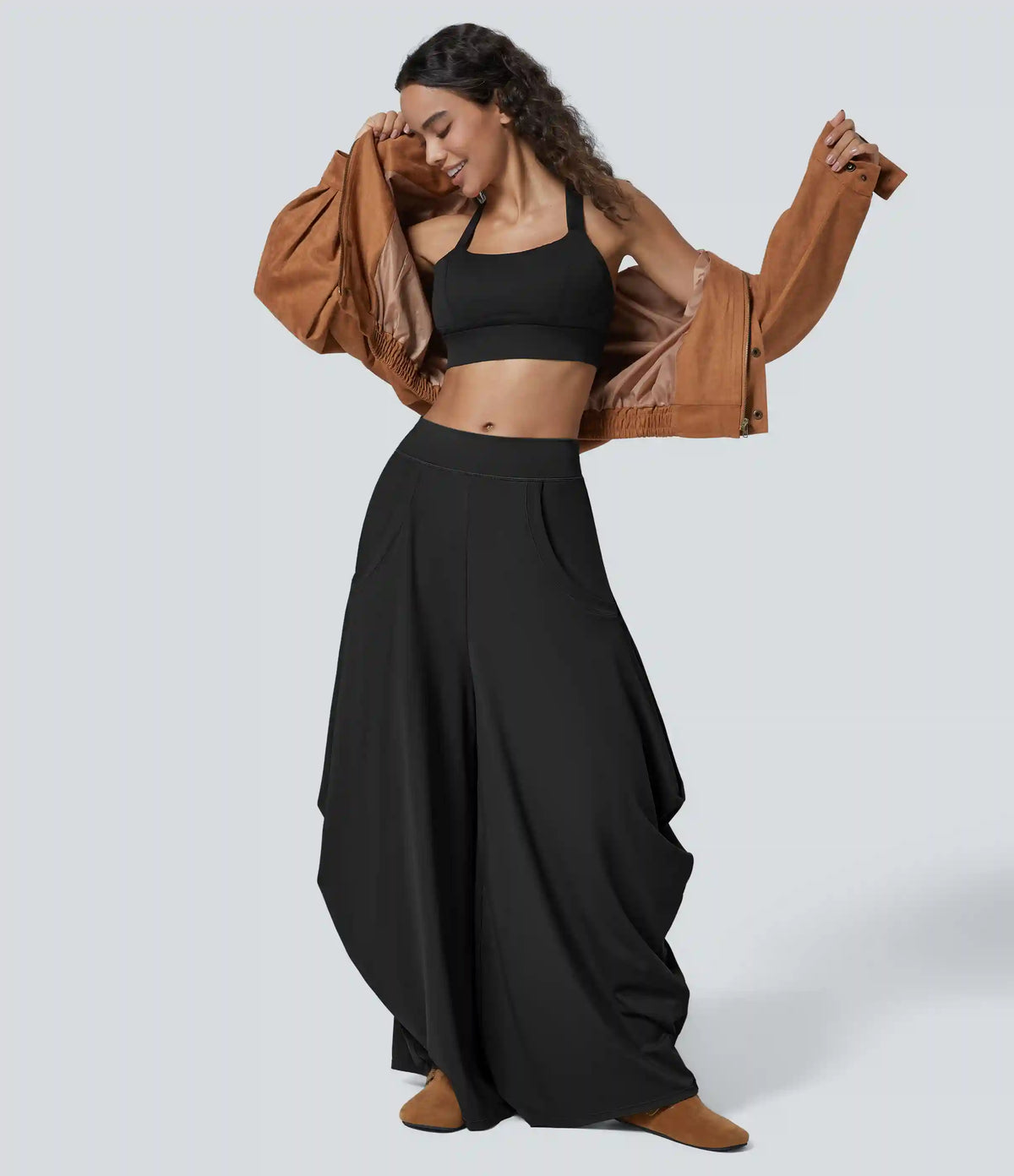 Mid Rise Pockets Draped Wide Leg Baggy Casual Pants