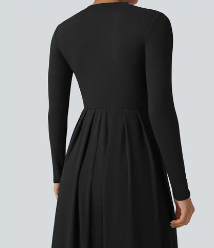 Mock-neck Long Sleeve A-line Casual Maxi Dress with Pockets