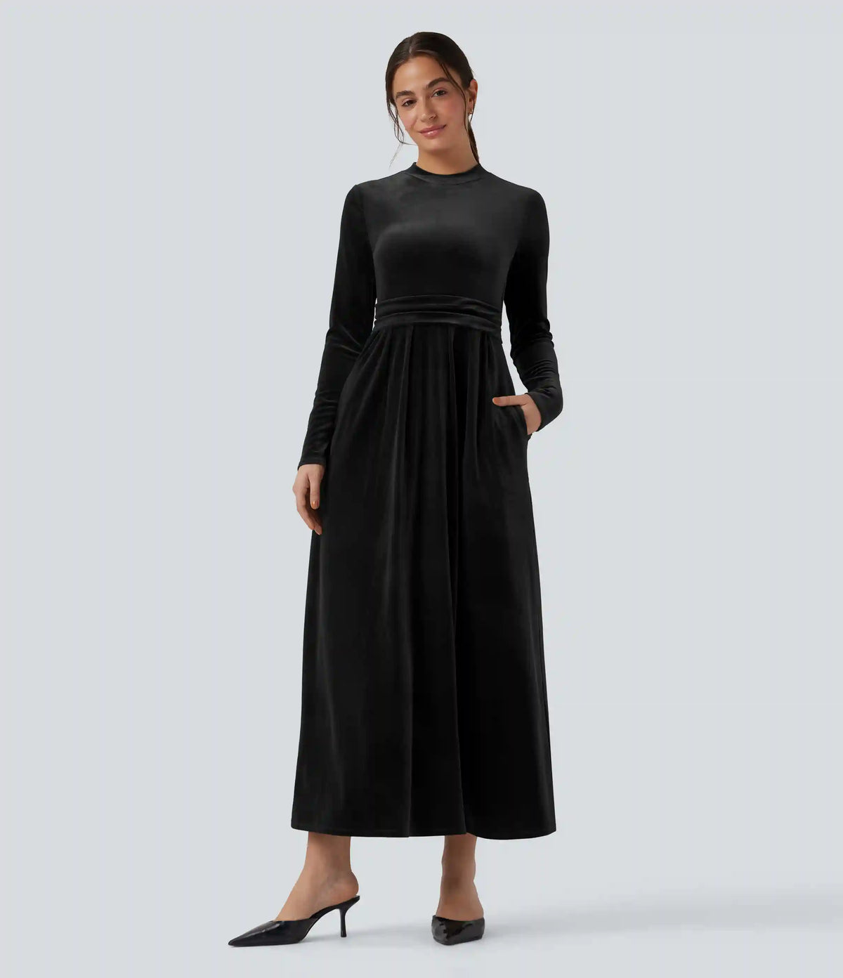 Mock-neck Long Sleeve Maxi Casual Velvet Dress with Pockets