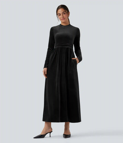 Mock-neck Long Sleeve Maxi Casual Velvet Dress with Pockets