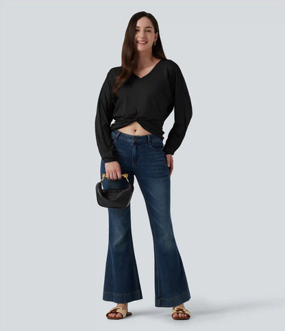 V Neck Batwing Long Sleeve Twisted Casual Top