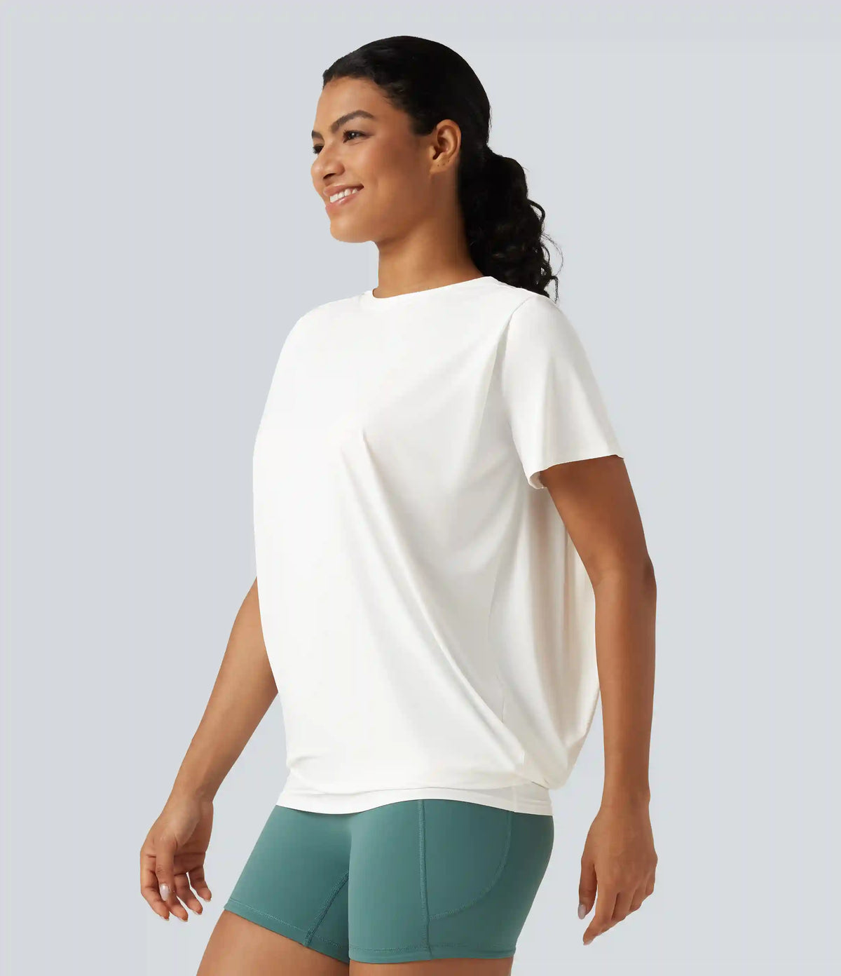 Round Neck Short Sleeve Ruched InstantCool Yoga Sports Top-Longer Length-UPF50+