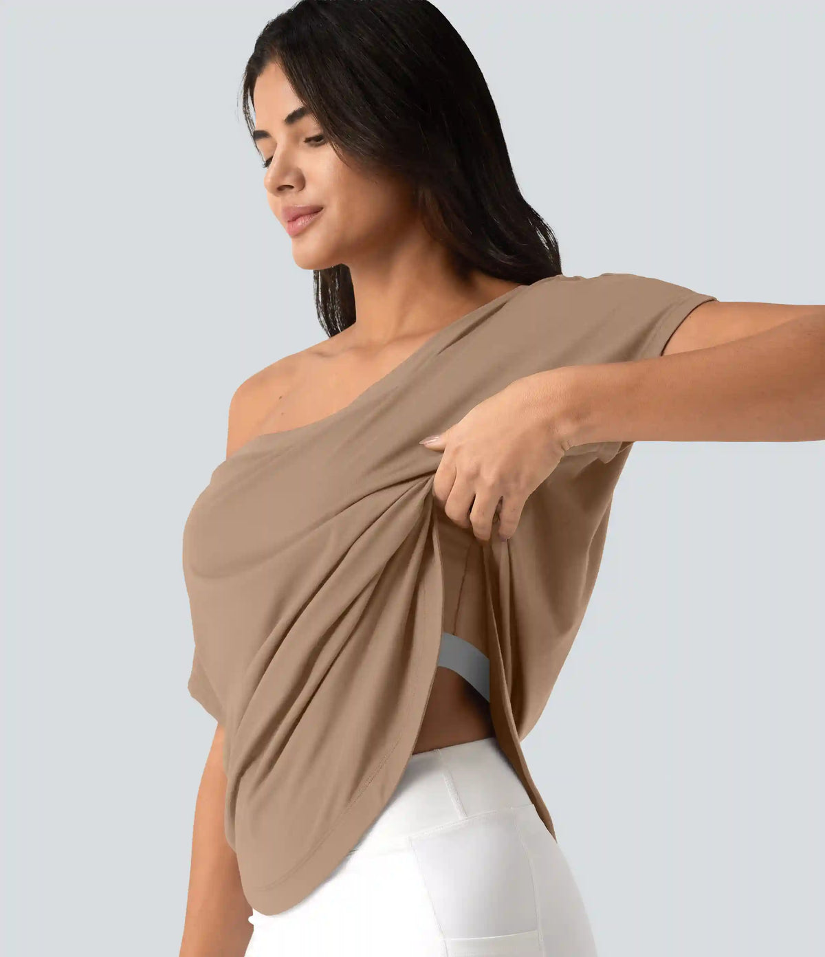 One Shoulder Short Sleeve Curved Hem High Low Quick Dry Yoga Sports Top-Built-in Bra