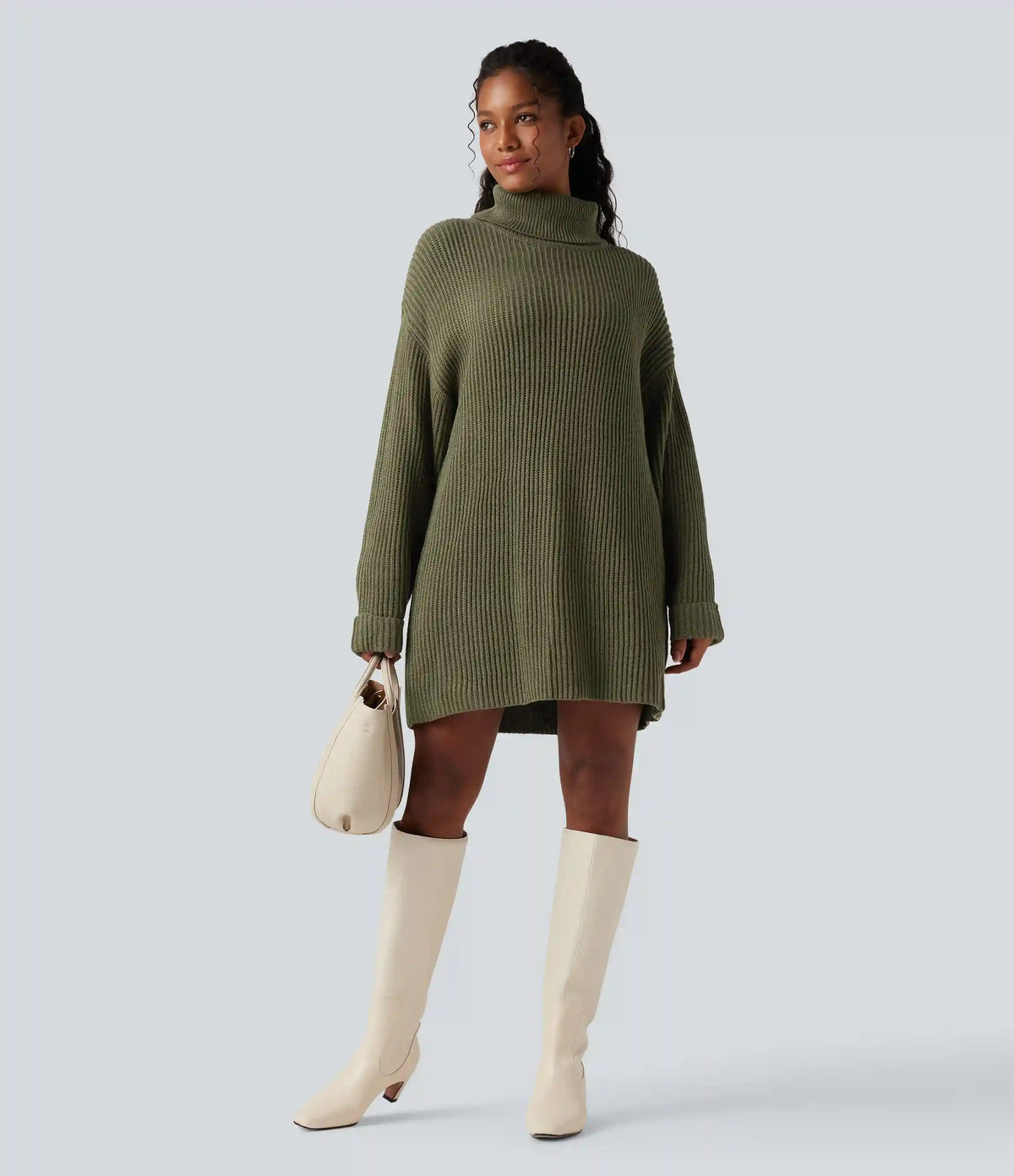 High Neck Long Sleeve Mini Work Sweater Dress