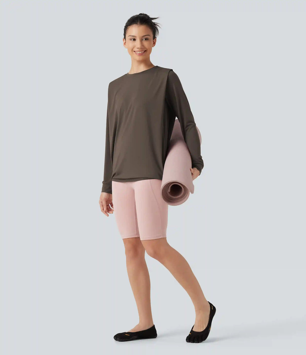 Round Neck Long Sleeve Ruched InstantCool Yoga Sports Top-Longer Length-UPF50+