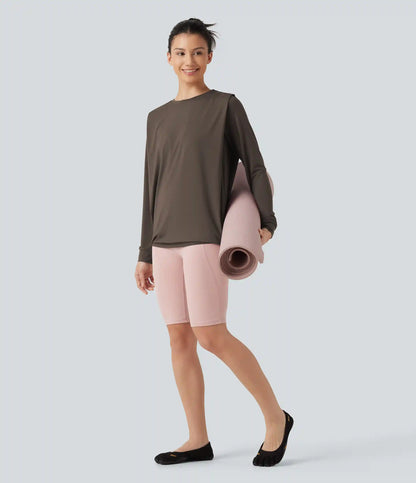 Round Neck Long Sleeve Ruched InstantCool Yoga Sports Top-Longer Length-UPF50+