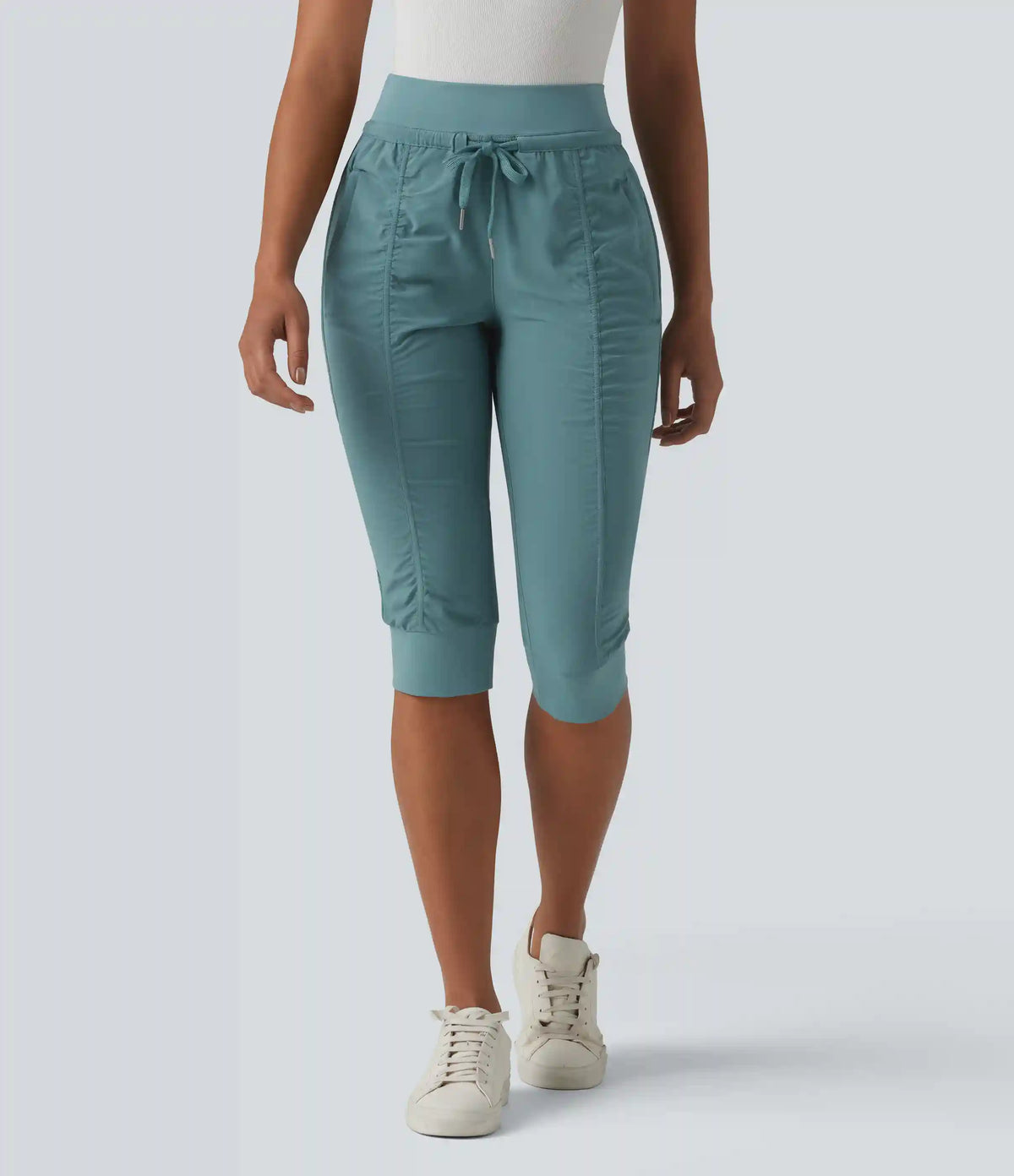High Waisted Drawstring Tapered Travel Pedal Pushers Joggers with Zip Pockets