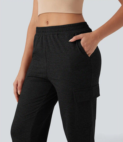 Mid Rise Quick Dry Heathered Lounge Cargo Joggers with Pockets-UPF40+