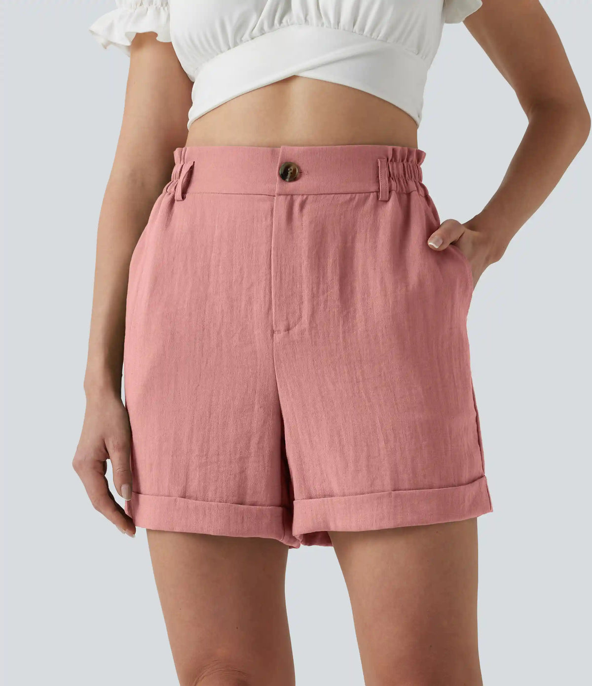 High Waisted Rolled Hem Linen-Feel Resort Shorts 5'' with Pockets