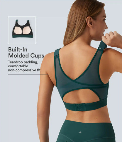 Halara UltraSculpt™ Medium Support Round Neck Contrast Mesh Running Sports Bra with Built-in Bra