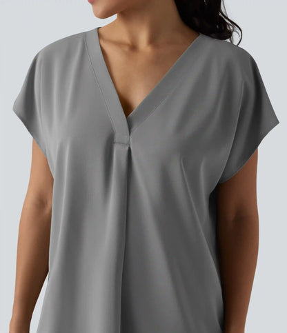 Wrinkle Recovery V-neck Short Sleeve Oversized Work Blouse