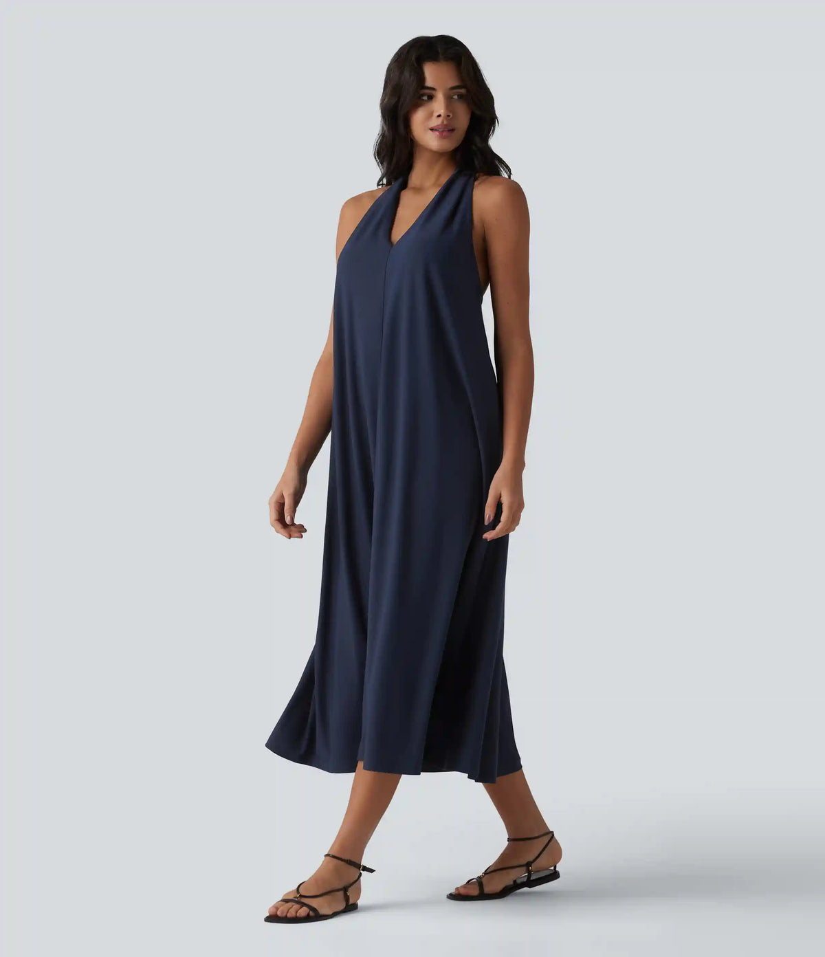 V Neck Midi Casual Dress with Pockets