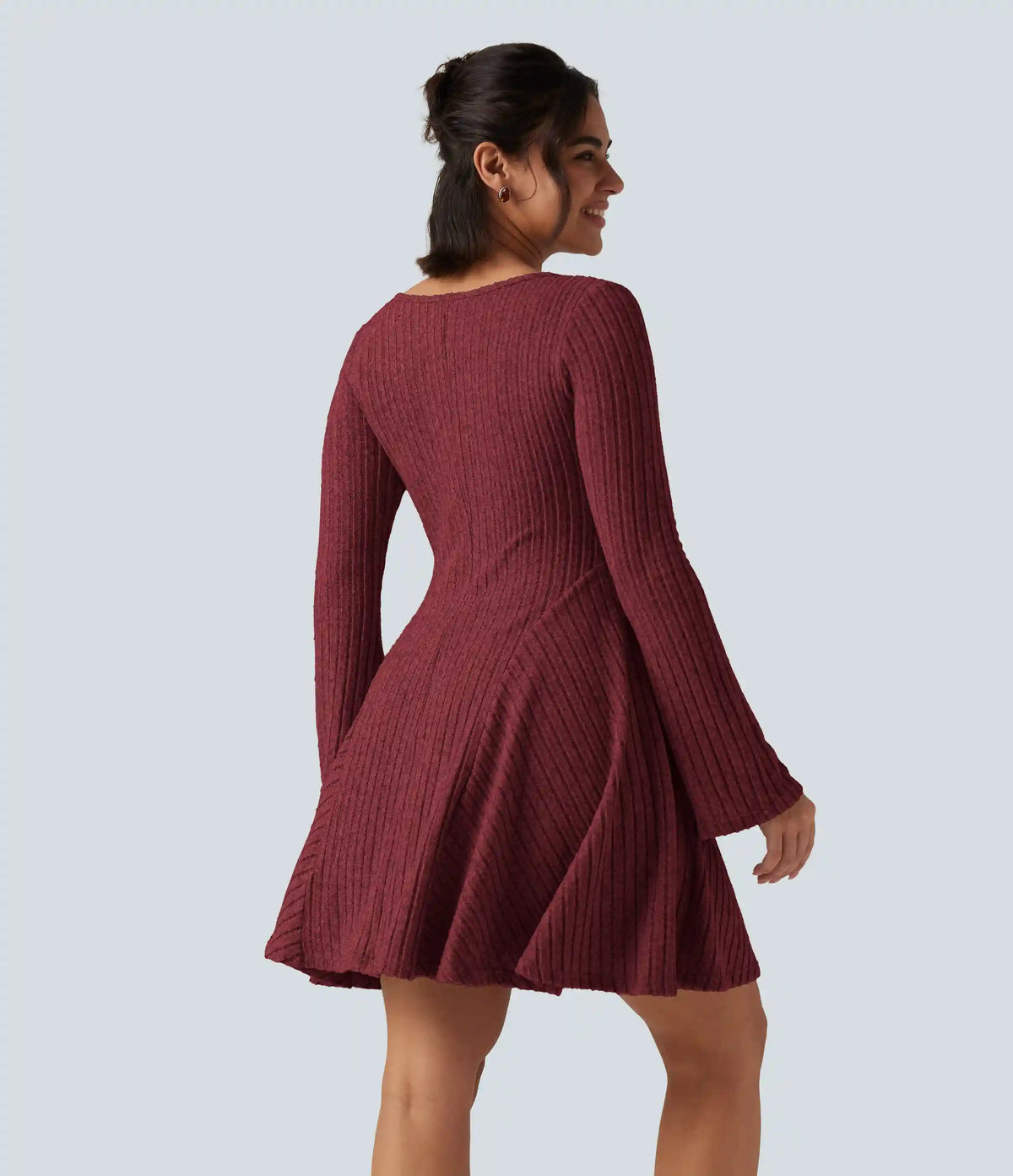 Ribbed Knit Square Neck Flounce Long Sleeve Decorative Knot Casual Flare Mini Dress