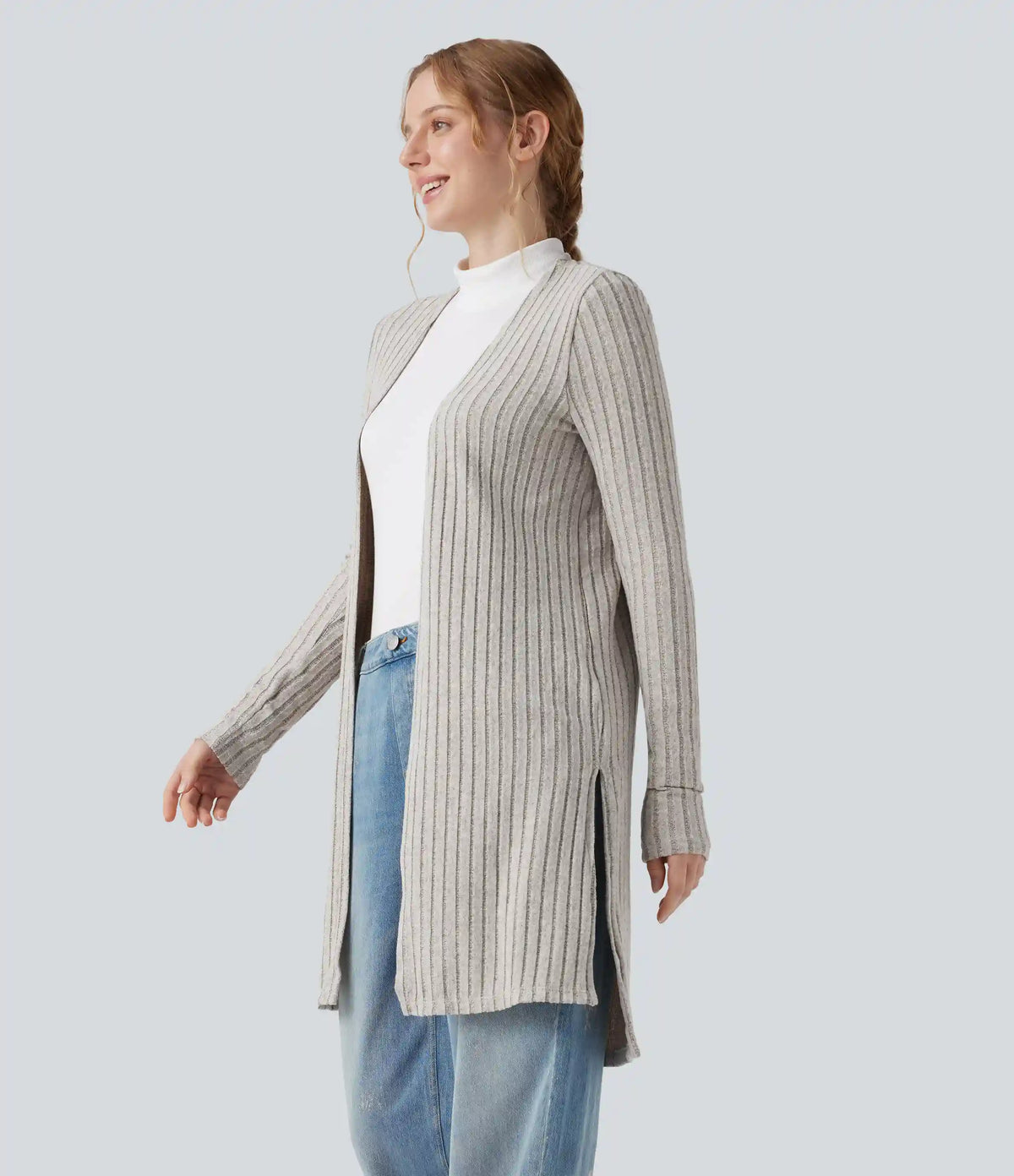 Ribbed Knit Long Sleeve Split Casual Cardigan