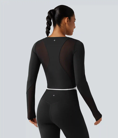 Round Neck Long Sleeve Contrast Mesh InstantCool Quick Dry Yoga Sports Top