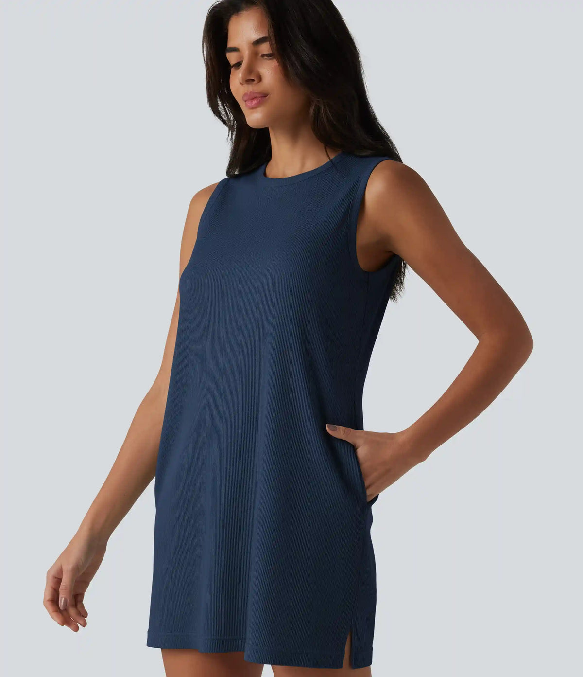 Round Neck Sleeveless Waffle Mini Cotton Dress with Pockets