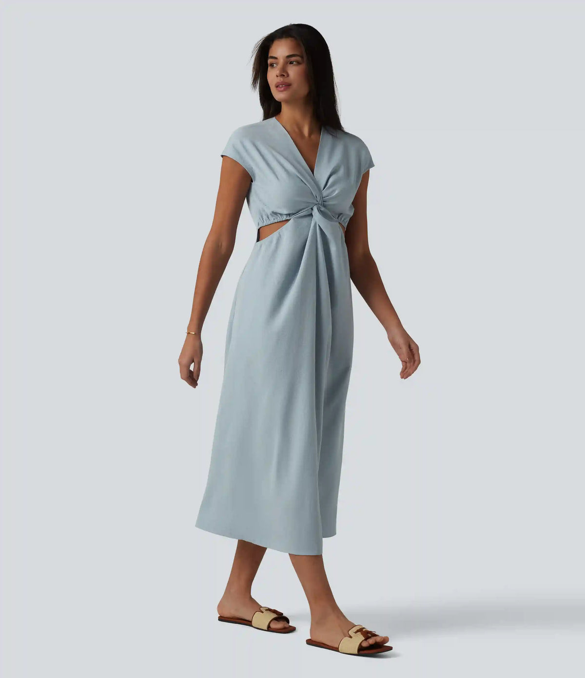 V-neck Short Sleeve Twisted Cut-out Invisible Zipper Midi Resort Dress with Pockets