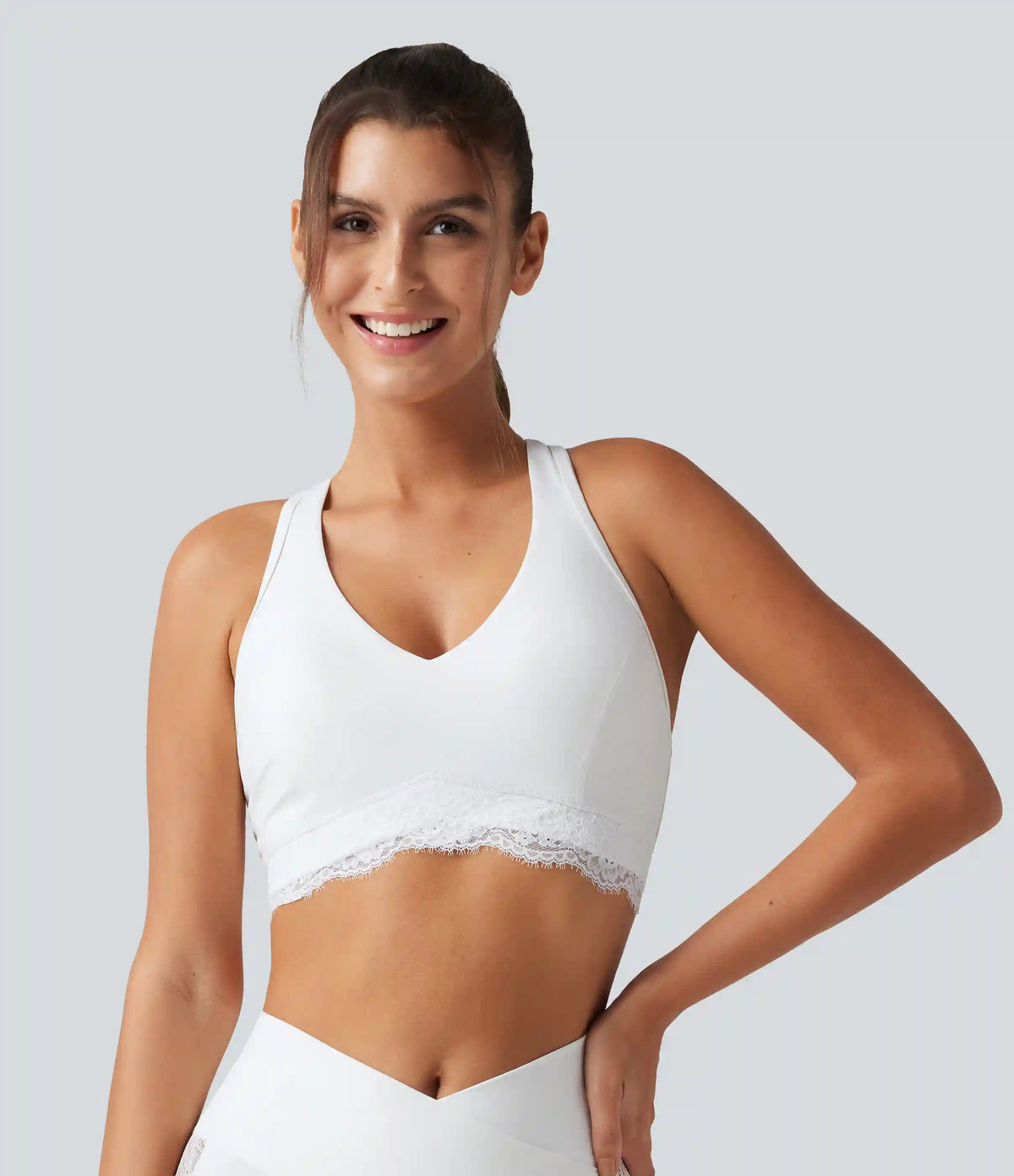 Halara UltraSculpt™ Low Support V Neck Built-in Bra Racerback Contrast Lace Workout Sports Bra