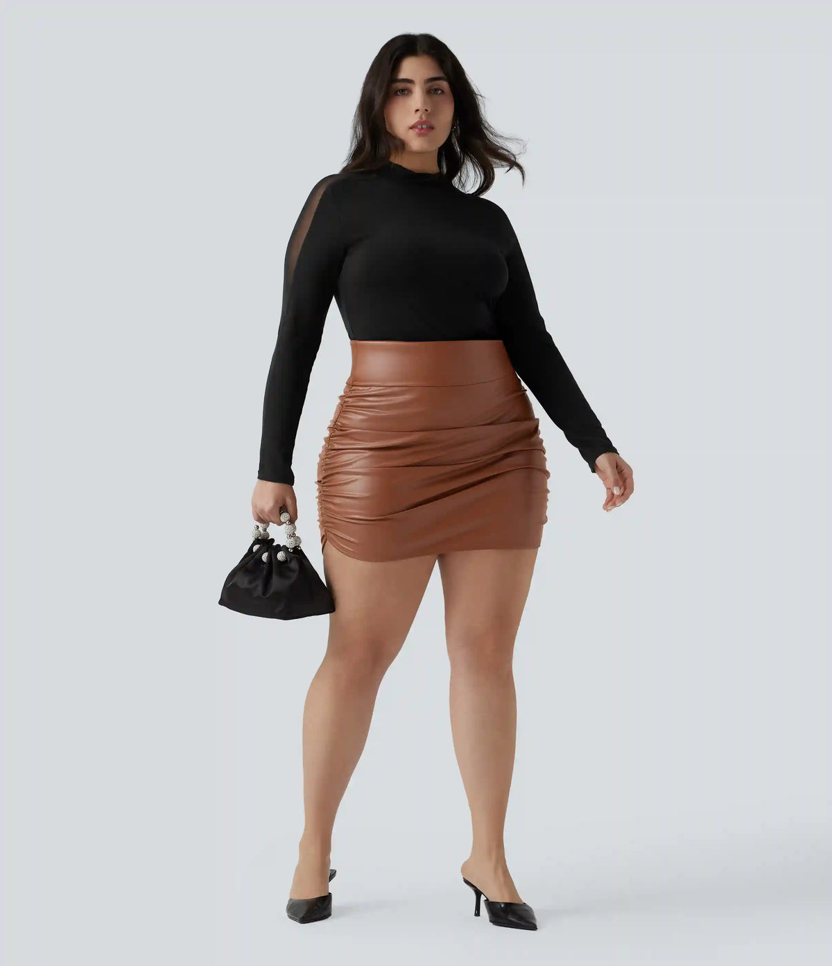 High Waisted Tummy Control Ruched Curved Hem 2-in-1 Fleece PU Mini Bodycon Party Plus Size Skirt