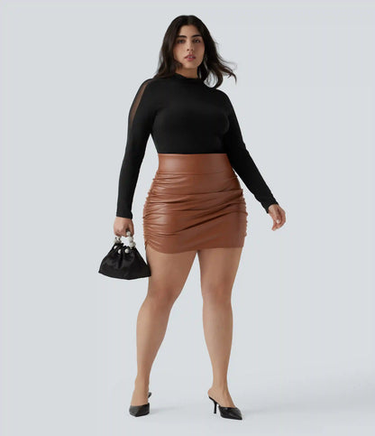 High Waisted Tummy Control Ruched Curved Hem 2-in-1 Fleece PU Mini Bodycon Party Plus Size Skirt