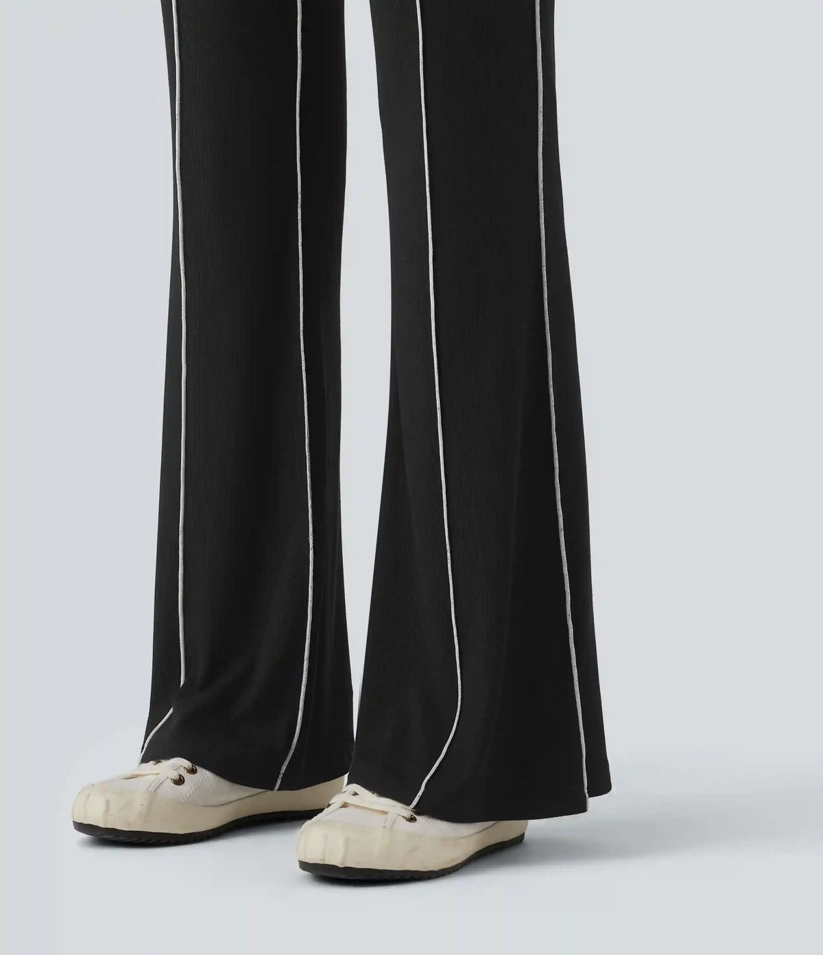 High Stretch Ribbed Knit High Waisted Color Block Top-stitching Casual Flare Leggings with Pockets