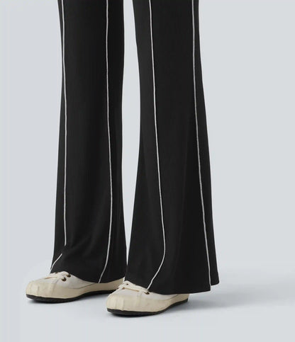 High Stretch Ribbed Knit High Waisted Color Block Top-stitching Casual Flare Leggings with Pockets