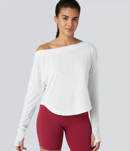 One Shoulder Long Sleeve Thumb Hole Curved Hem High Low Quick Dry Yoga Sports Top
