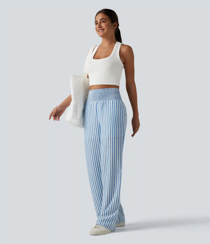 High Waisted Shirred 2-in-1 Straight Leg Stripe Casual Linen-Feel Pants with Pockets