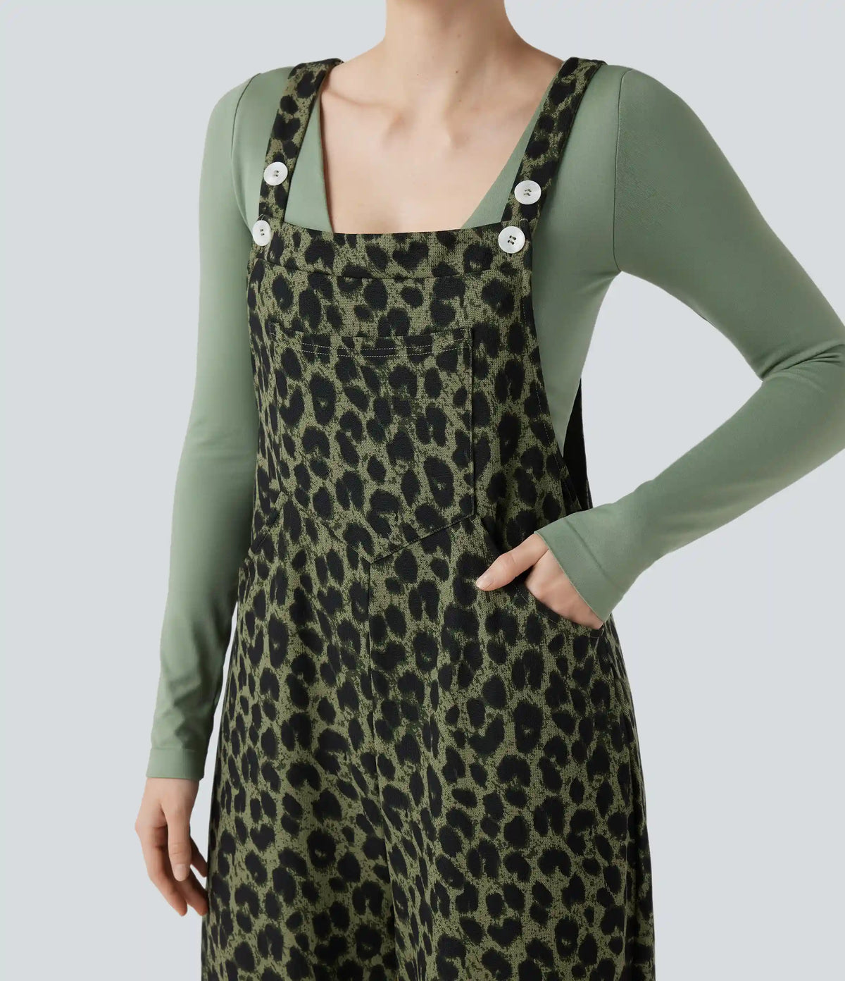Leopard Print Waffle Casual Overalls with Pockets