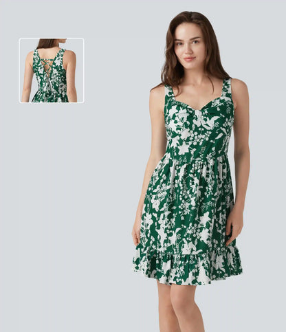 Sweetheart Neck Sleeveless Lace Up Floral Print Mini Dress