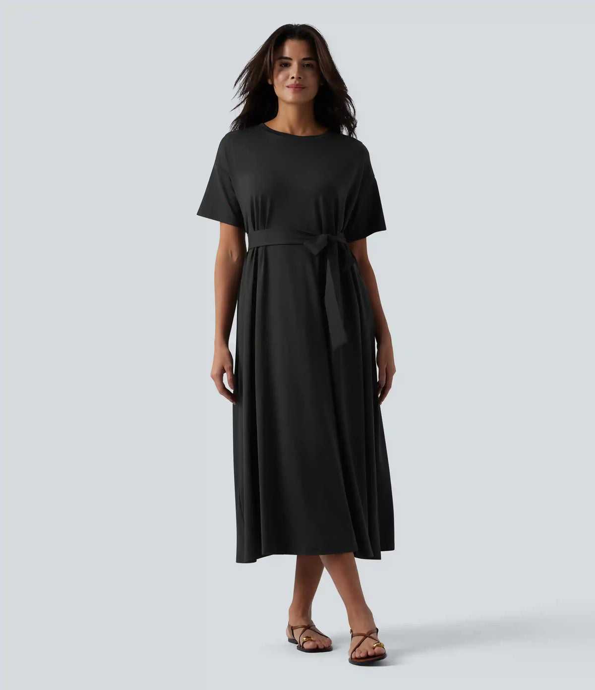 Round Neck Short Sleeve Belted Midi Flowy Casual T-Shirt Dress with Pockets