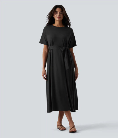 Round Neck Short Sleeve Belted Midi Flowy Casual T-Shirt Dress with Pockets