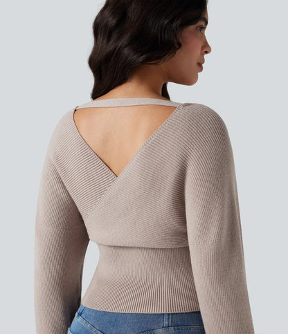 V-neck Batwing Long Sleeve Cut-out Casual Sweater