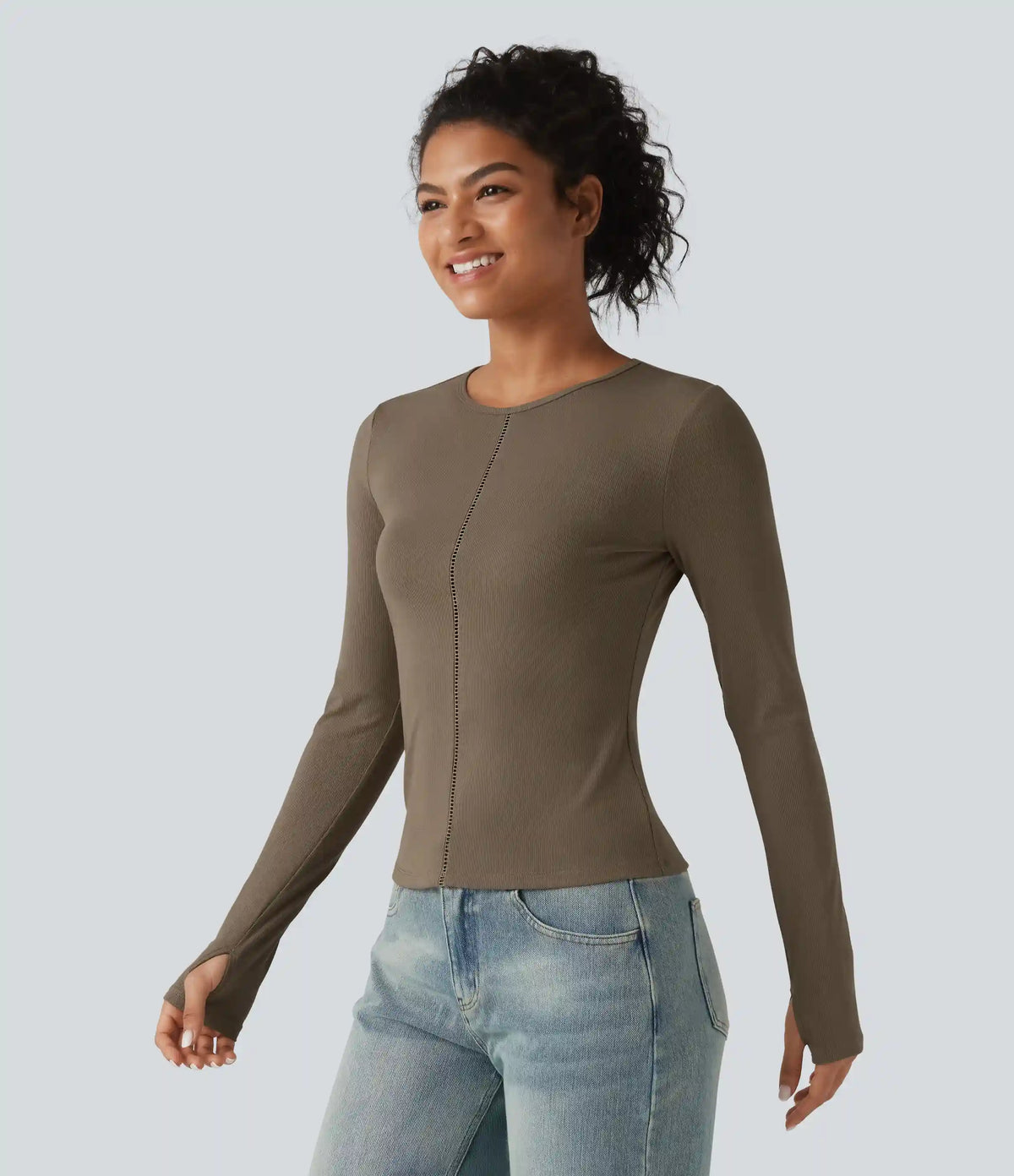 Ribbed Knit Round Neck Long Sleeve Thumb Holes Cut-out Casual T-Shirt