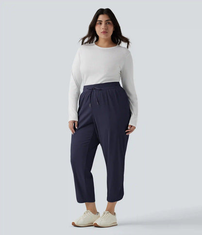 Plus Size Mid Rise Drawstring Curved Hem Quick Dry Golf Tapered Pants with Pockets-UPF40+
