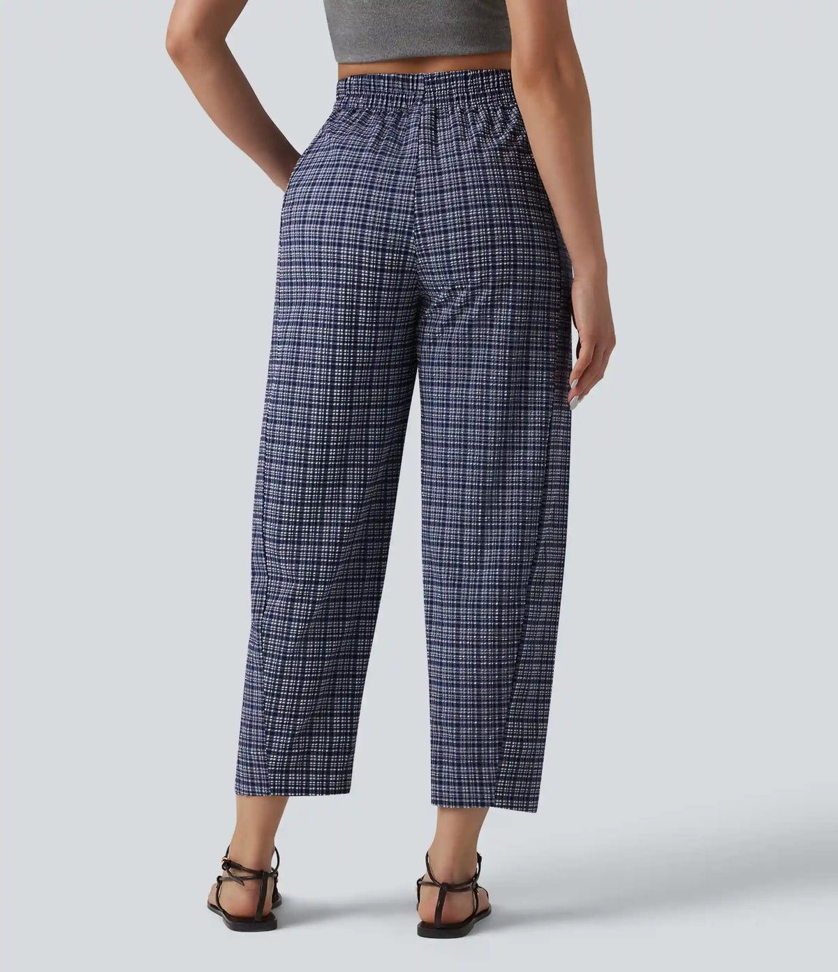 High Waisted Crinkle Plaid Casual Pants with Pockets