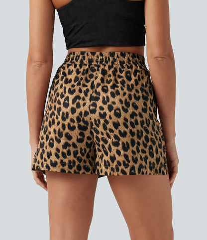 High Waisted Drawstring Leopard Print Casual Shorts with Pockets