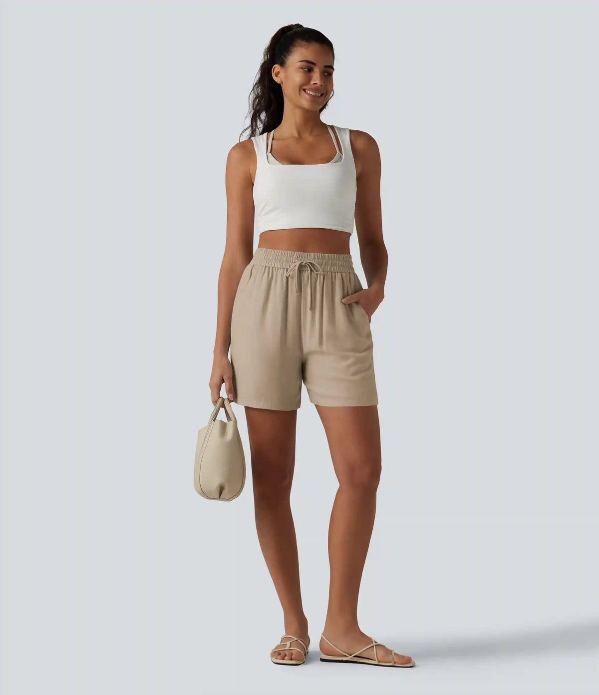 High Waisted Drawstring Casual Linen-Blend Baggy Shorts 5'' with Pockets