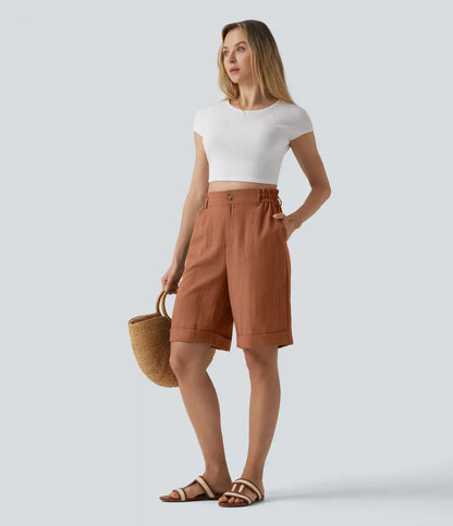 High Waisted Rolled Hem Linen-Feel Resort Bermuda Shorts 10'' with Pockets